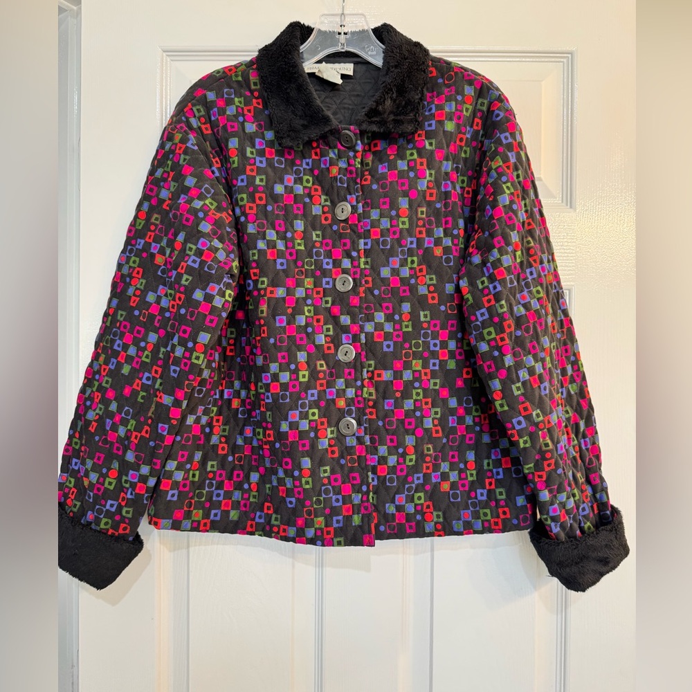 Vintage 90’s Sharon Young  Geometric Print Quilted Jacket with Faux Fur Trim